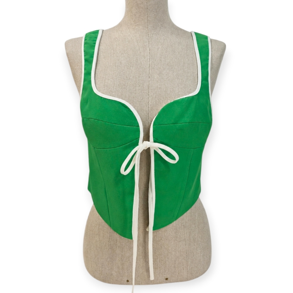 RUMORED Bel Air Crop Top Green Contrast Trim Tie Front Satin Size M